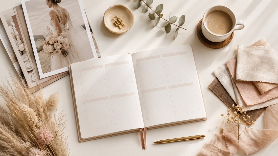 6-month wedding planning checklist — month-by-month timeline flat lay