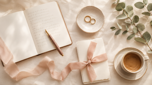 How to write wedding vows flat lay with handwritten notebook, fountain pen, vow card and gold rings in cream tones
