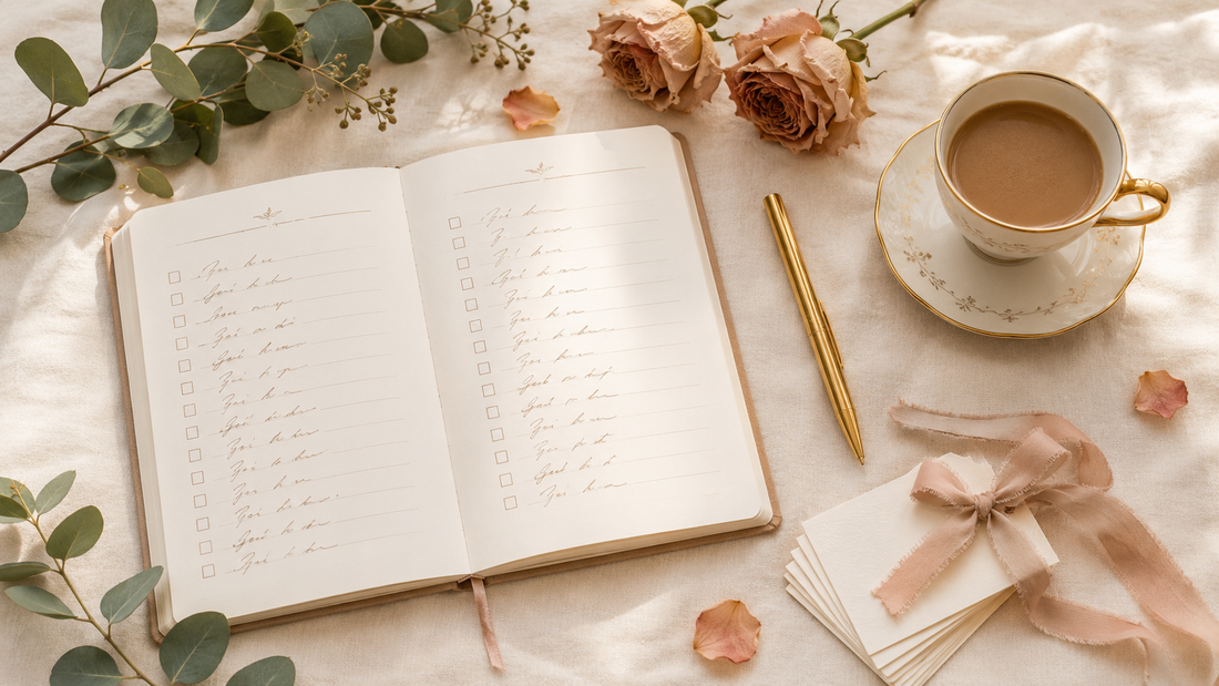 Wedding guest list flat lay with notebook, place cards, gold pen and dried roses in cream tones
