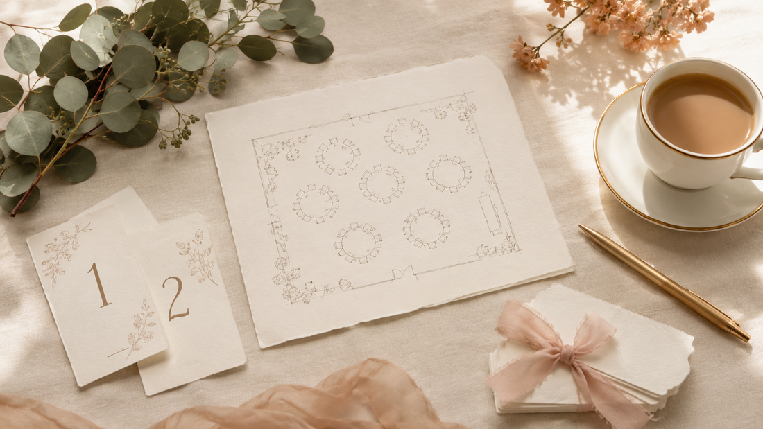 Wedding seating chart ideas flat lay with table plan sketch, numbered cards and eucalyptus in cream and blush tones