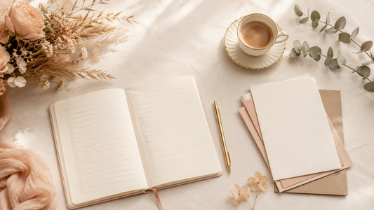 Wedding vendor questions flat lay with checklist notebook, papers, gold pen and coffee in cream tones