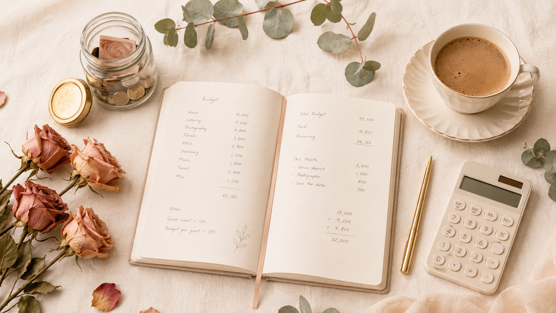 Saving money on a wedding flat lay with budget notebook, coin jar, calculator and dried florals in cream tones