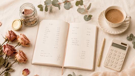 Saving money on a wedding flat lay with budget notebook, coin jar, calculator and dried florals in cream tones