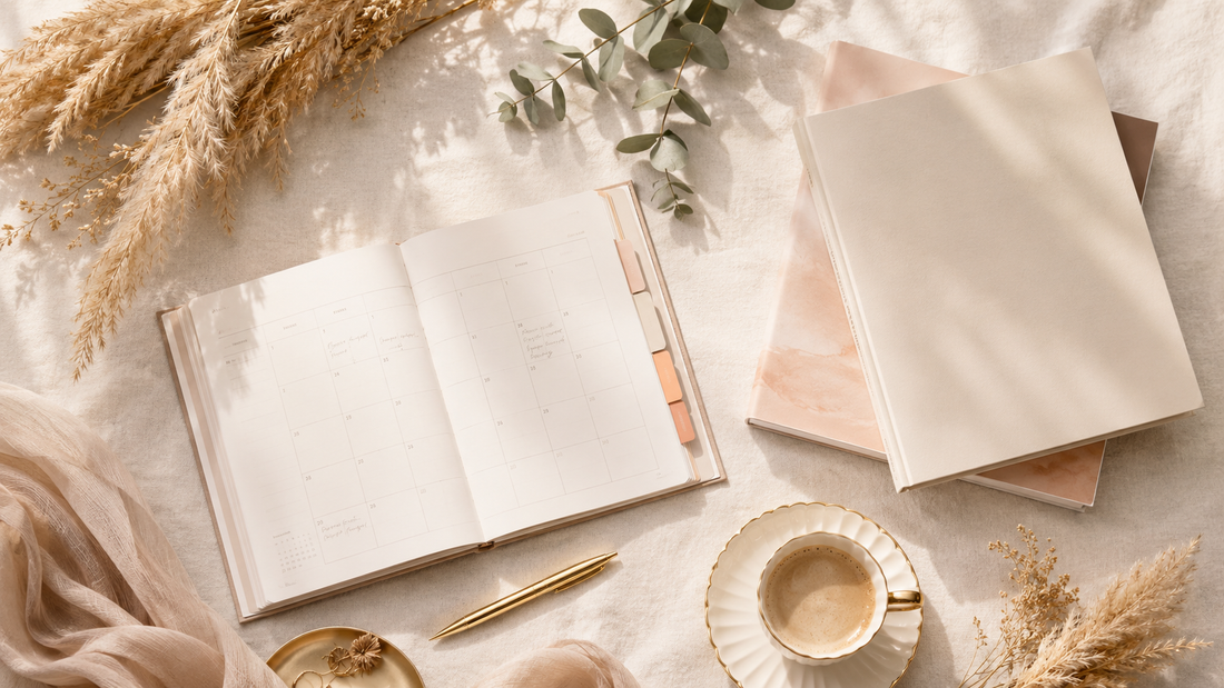 Wedding planning timeline flat lay with monthly planner, calendar tabs, gold pen and dried pampas in cream tones