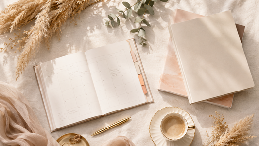Wedding planning timeline flat lay with monthly planner, calendar tabs, gold pen and dried pampas in cream tones