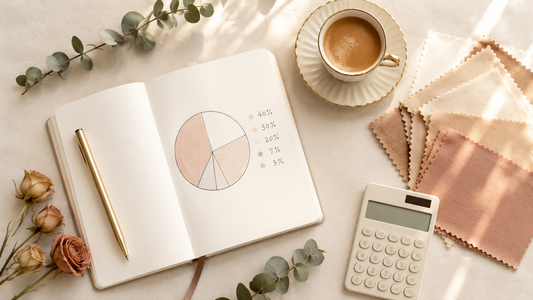 Wedding budget percentages flat lay with notebook pie chart, calculator, fabric swatches and dried florals in cream tones
