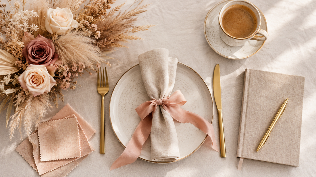 Small intimate wedding budget flat lay with place setting, budget notebook and dried florals in cream and blush tones