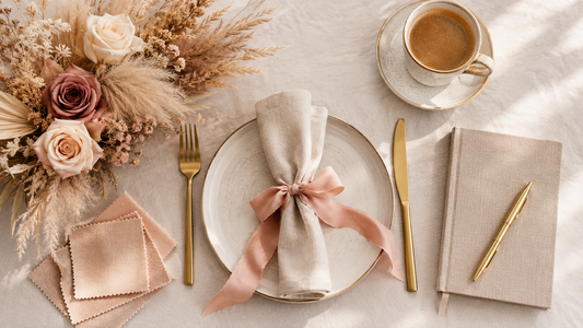 Small intimate wedding budget flat lay with place setting, budget notebook and dried florals in cream and blush tones