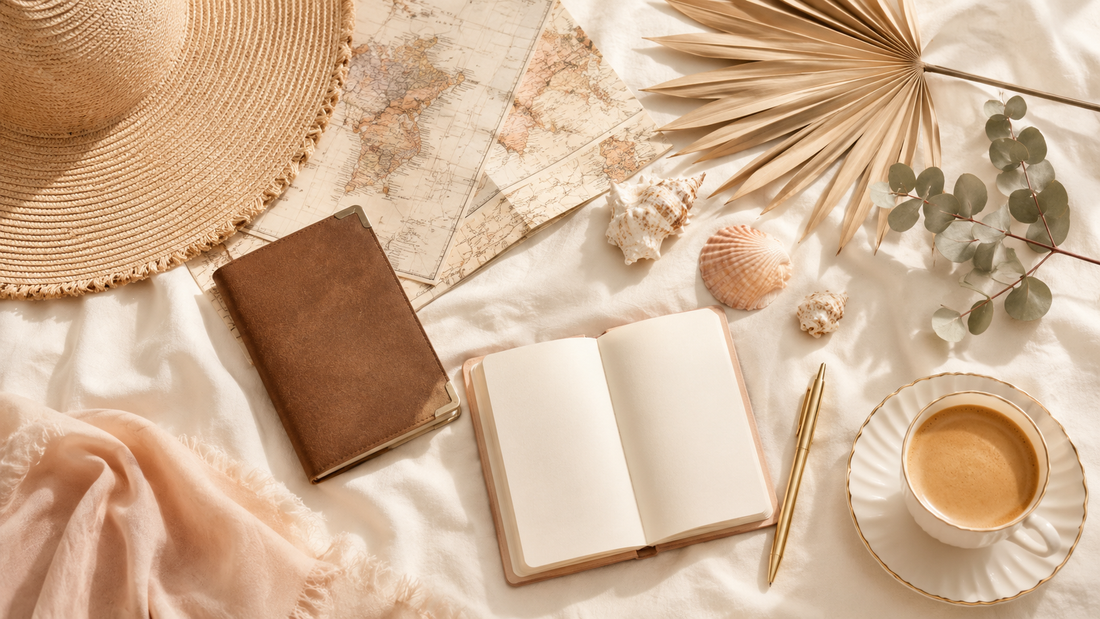 Destination wedding planning flat lay with passport, map, sunhat and dried palm in cream and sand tones