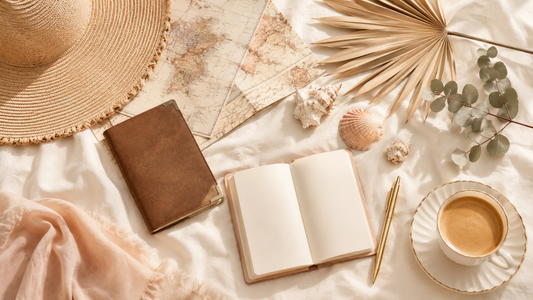 Destination wedding planning flat lay with passport, map, sunhat and dried palm in cream and sand tones