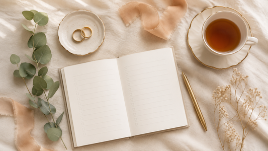Wedding week checklist flat lay with notebook, wedding rings, eucalyptus and gold pen in cream tones